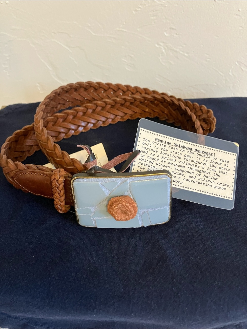Braided Brown Leather Belt with Barite Rose and Turquoise Tile Buckle